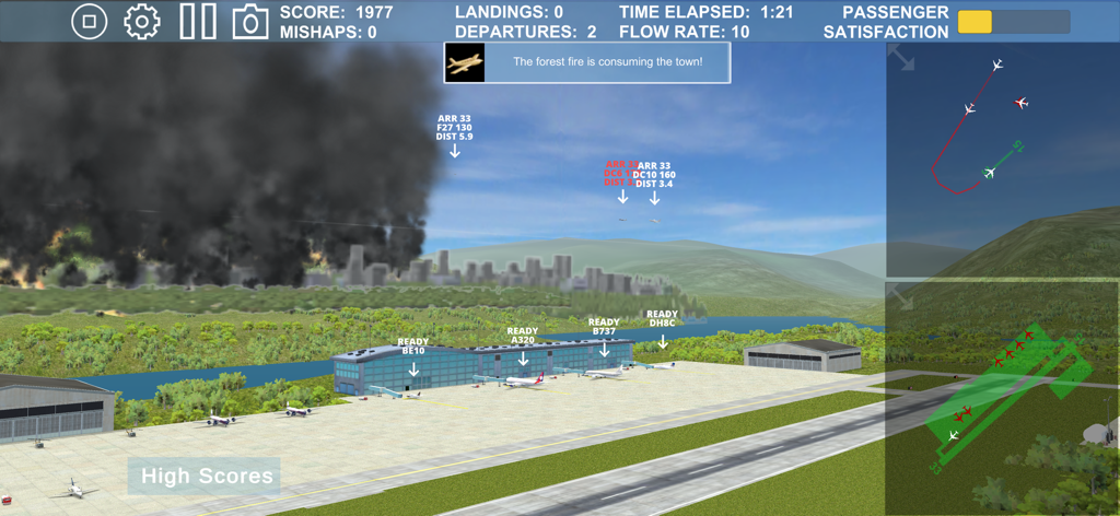 Airport Madness 3D gameplay screen showing aircraft management during a forest fire emergency with air and ground radar displays.