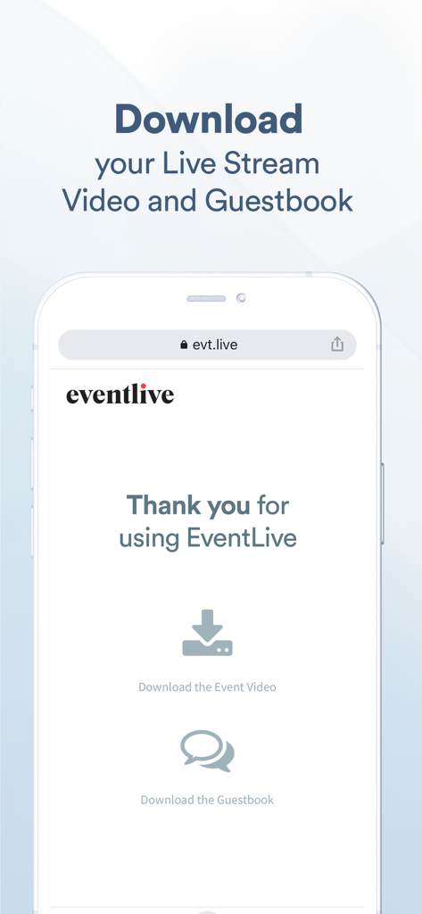 EventLive－Live Stream Event - EventLive-Mobiloberfläche mit Download-Optionen für das Veranstaltungs video und das Gästebuch