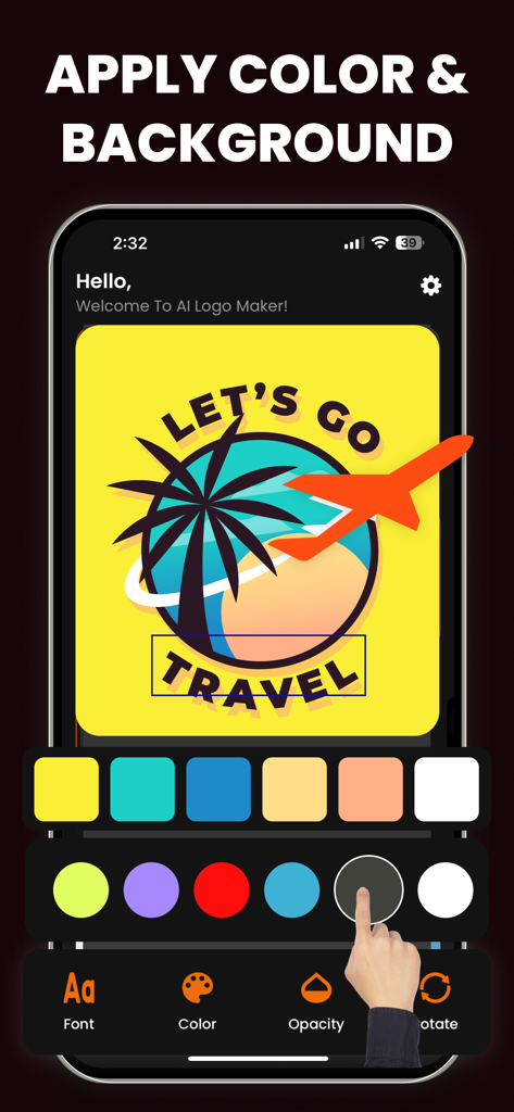 AI Logo Maker • Logo Generator - AIロゴメーカーアプリのインターフェースで、ロゴの色と背景を編集するスマートフォン画面