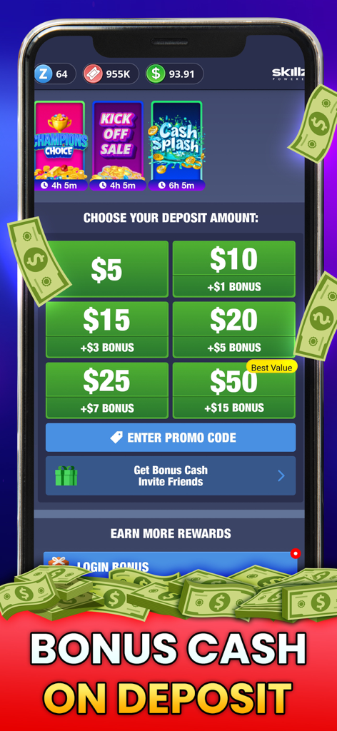 Pachinko Cash - Win Real Money - Écran de dépôt pour Pachinko Cash montrant divers bonus en argent et options de dépôt.