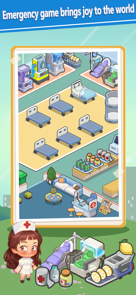 Isometric view of a colorful cartoon hospital ward with medical equipment and a cute nurse