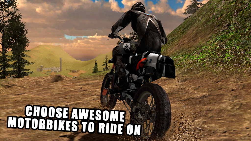 A 3D simulation of a motocross rider racing on an offroad mountain track with the text choose awesome motorbikes to ride on