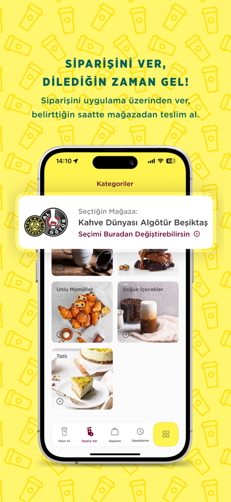 Kahve Dunyasi app screen displaying remote order options and menu categories like bakery and cold drinks