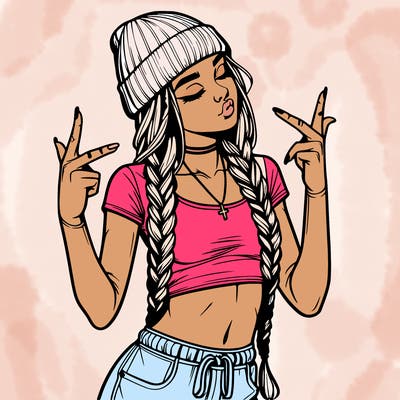 realistic teenage girl with braids and a beanie and crop top doing 🫶🏼