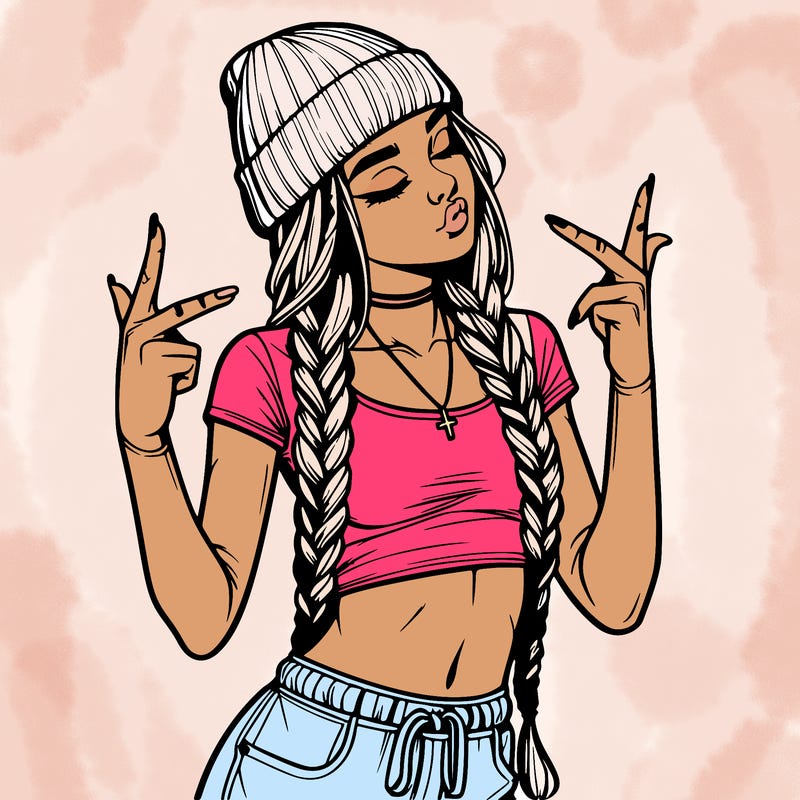 realistic teenage girl with braids and a beanie and crop top doing 🫶🏼