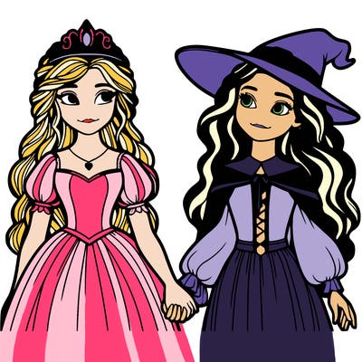 a princess and a witch holding hands realistic