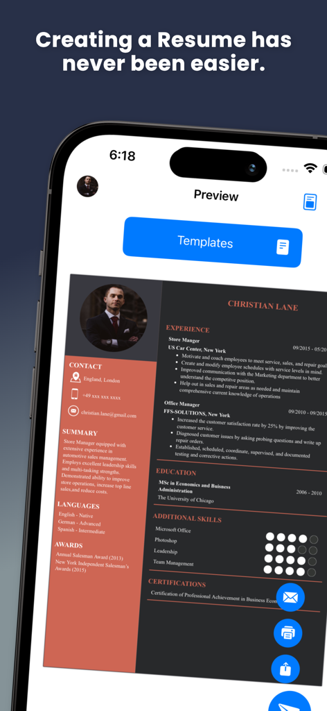 Schermata dello smartphone che mostra un'anteprima di un modello di curriculum professionale nell'app CV Semplice