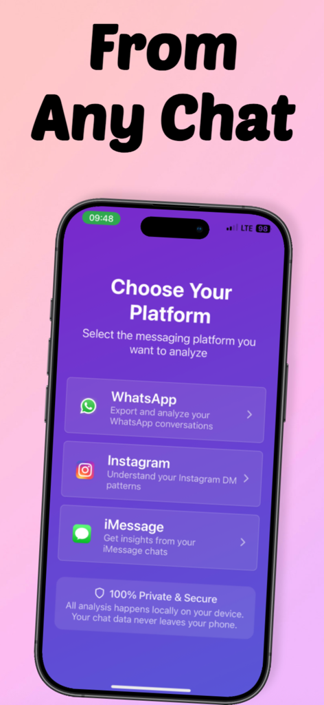 Mobile app screen showing messaging platform options including WhatsApp, Instagram, and iMessage for chat analysis.
