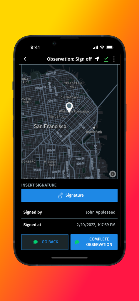 JourneyApps Container - JourneyApps Container app screen showing a map of San Francisco with a digital signature capture for observation sign off.