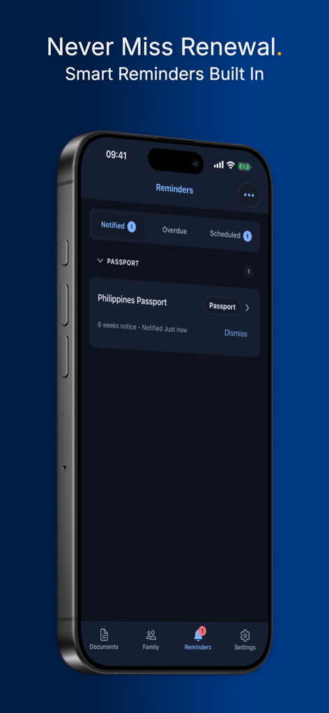 Uno smartphone che mostra la schermata dei promemoria dell'app Travel Document Vault con una notifica di rinnovo del passaporto.