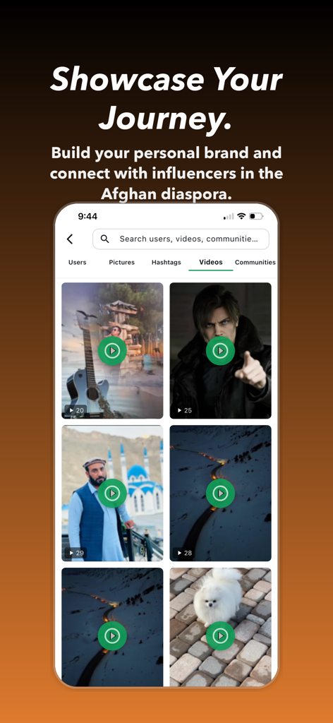 AfghanG: Digital Afghanistan - AfghanG mobile app screen displaying short-form videos and community content for the Afghan diaspora
