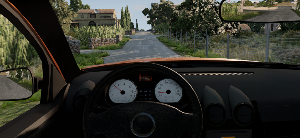 OffRoad SUV Car Simulator 2026 - First-person dashboard view of an orange SUV driving on a rural road