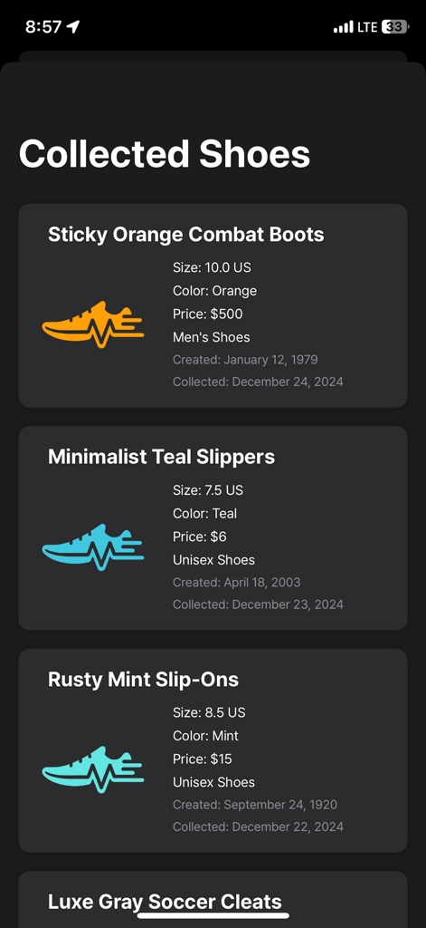 A screen in the BeatRun Pro app showing a collection of digital shoe rewards with their details.