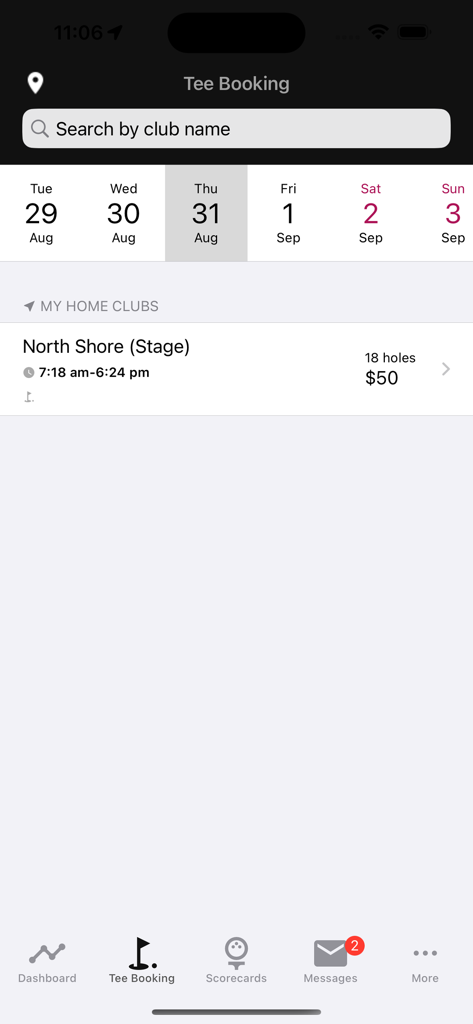 Tee booking screen in the Golf NZ app showing club search and date selection for tee times