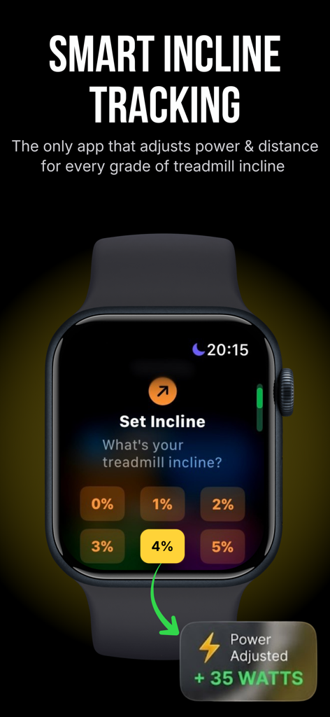 Zone 2 AI: Vo2 Max & Endurance - App Zone 2 AI su Apple Watch che mostra monitoraggio intelligente dell'inclinazione per allenamenti su tapis roulant con regolazione della potenza in watt.