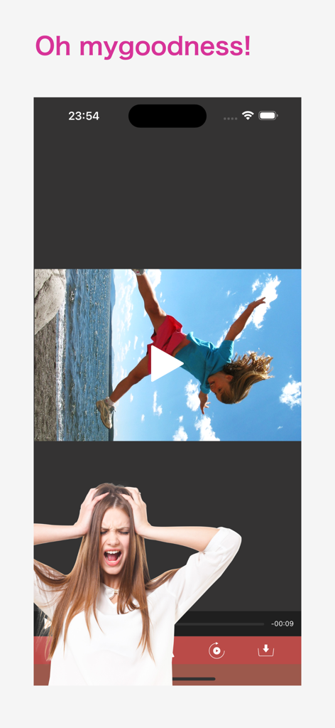 Video Rotate&Flip- VidGuru - Interface showing a sideways video and a frustrated woman to illustrate a rotation problem