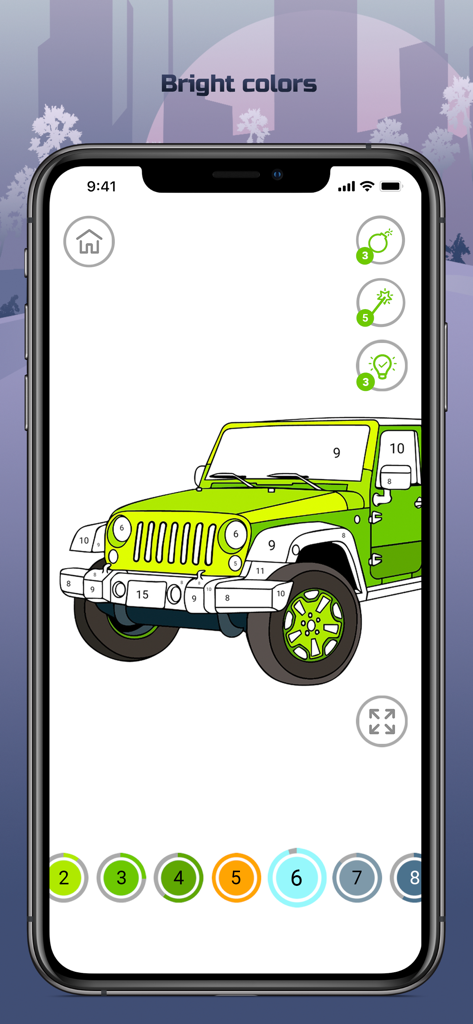 Cars Color By Number - A green jeep being colored in the Cars Color By Number mobile game