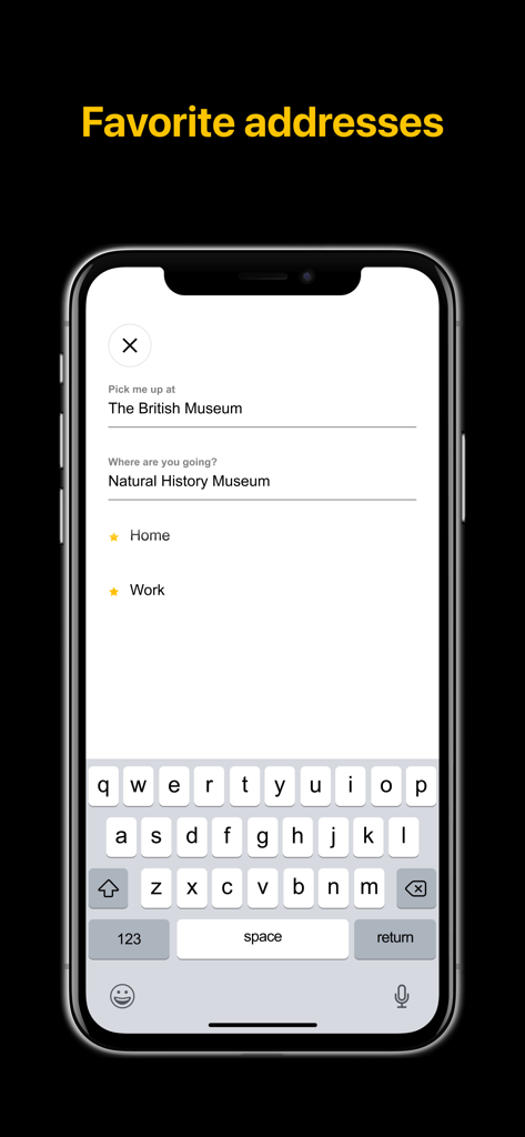 FTAXI - FTAXI App-Oberfläche zeigt gespeicherte Lieblingsadressen wie Zuhause und Arbeit für einfache Buchungen.