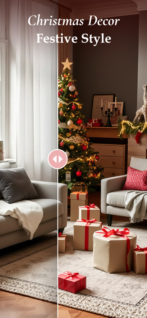 AI Design - Home Interior - AI interior design app showing a living room transformation with Christmas decor and festive styling
