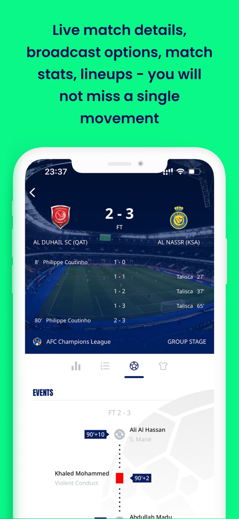 AFC LIVE - A mobile phone screen showing live soccer scores and match statistics in the AFC LIVE app