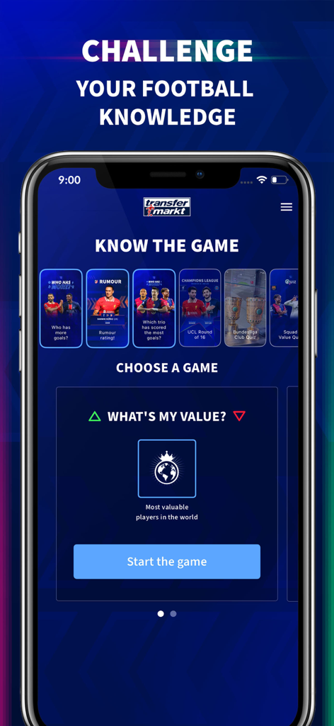Schermata principale dell'app Transfermarkt Football Quiz che mostra varie modalità di gioco tra cui valore di mercato e trivia sui trasferimenti