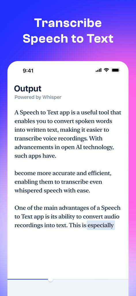 Interface do aplicativo Whisper mostrando a saída da transcrição em um iPhone