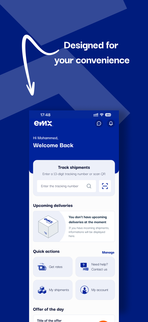 EMX Express mobile app home screen showing shipment tracking and quick actions