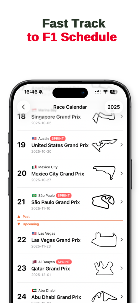 PitLane+ - PitLane Plus App-Oberfläche mit dem Formel-1-Rennkalender mit Grand-Prix-Daten und Streckenlayouts