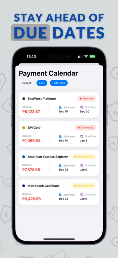 Credit card payment calendar in the KasKas Savvy app displaying balances and upcoming due date reminders