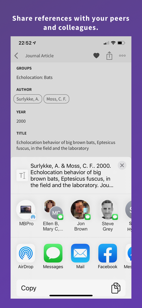 Tela do aplicativo móvel EndNote mostrando opções para compartilhar uma referência de artigo de pesquisa via AirDrop, Mensagens e E-mail.
