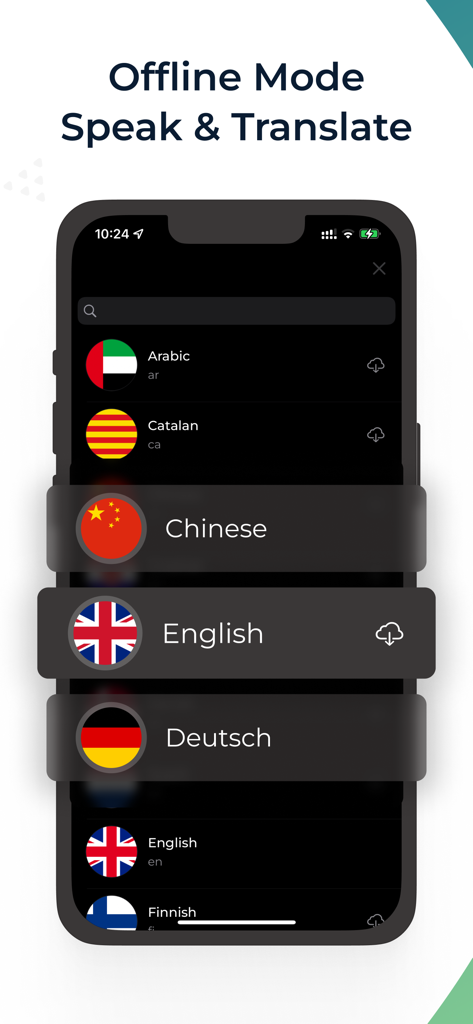 Translate Duo Live Translator - Smartphone screen of Translate Duo app showing language selection for offline translation mode