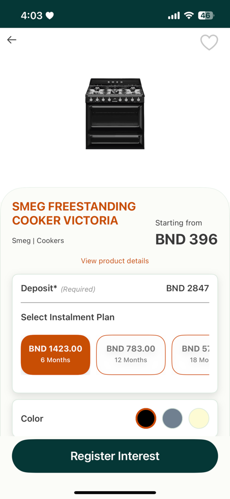 WOWFlexi - WOWFlexi app interface showing a Smeg freestanding cooker with monthly installment plans and a register interest button.