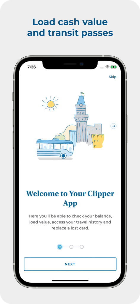 Clipper Card app onboarding screen welcoming users and explaining features like loading cash value and transit passes