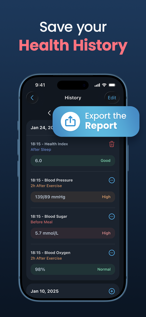 Heartica app history screen showing vitals and export report option