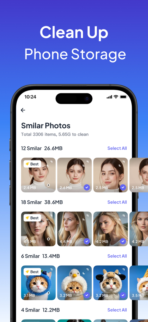 AI Cleaner Guru: Photo Cleaner - Pantalla de la aplicación móvil AI Cleaner Guru que muestra grupos de fotos similares e identifica la mejor toma para ayudar a los usuarios a liberar espacio en el teléfono