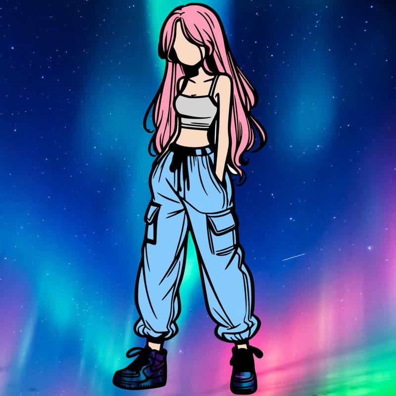 girl in baggy pants crop top and long hair