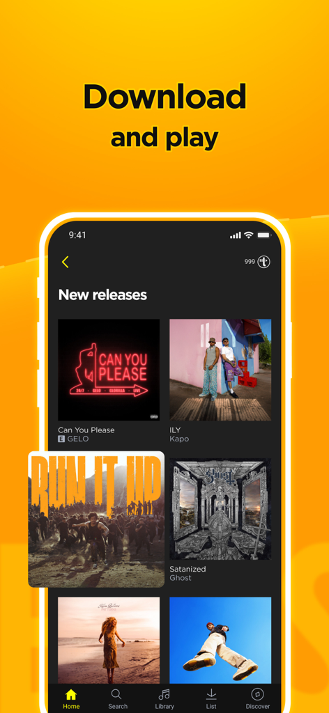 TREBEL Music app interface showing new song releases with the option to download and play music offline.