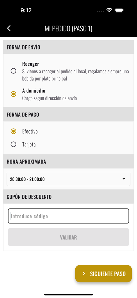 Bendita Burger - Pantalla de pago de la app móvil Bendita Burger para seleccionar métodos de entrega y pago
