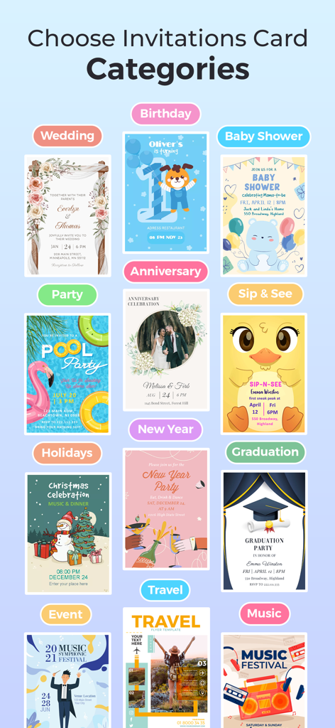 Invitation Maker - Invites4U - 결혼식, 생일, 베이비 샤워 템플릿을 포함한 다양한 초대장 카드 카테고리를 보여주는 화면