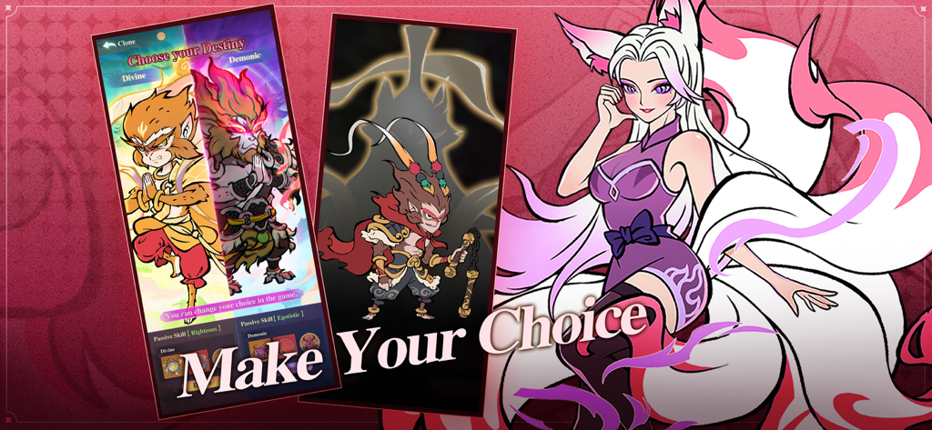 Nobody's Adventure Chop-Chop - Pantalla de selección de destino del personaje que muestra opciones divinas y demoníacas en el juego Nobodys Adventure Chop-Chop