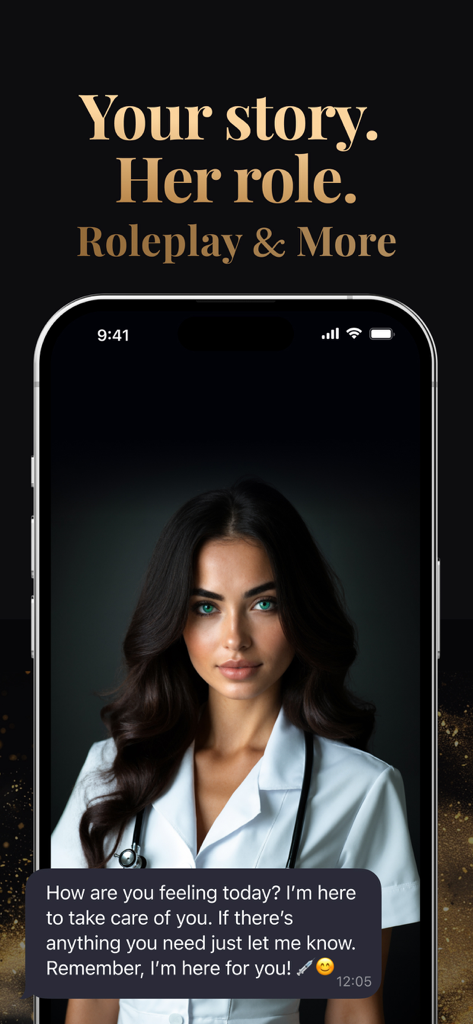 A screenshot of the VegaX app showing a virtual companion in a doctor costume for roleplay chat.