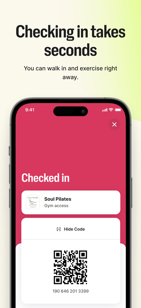 Pantalla de la app Wellhub mostrando un código QR para check-in rápido en el gimnasio.