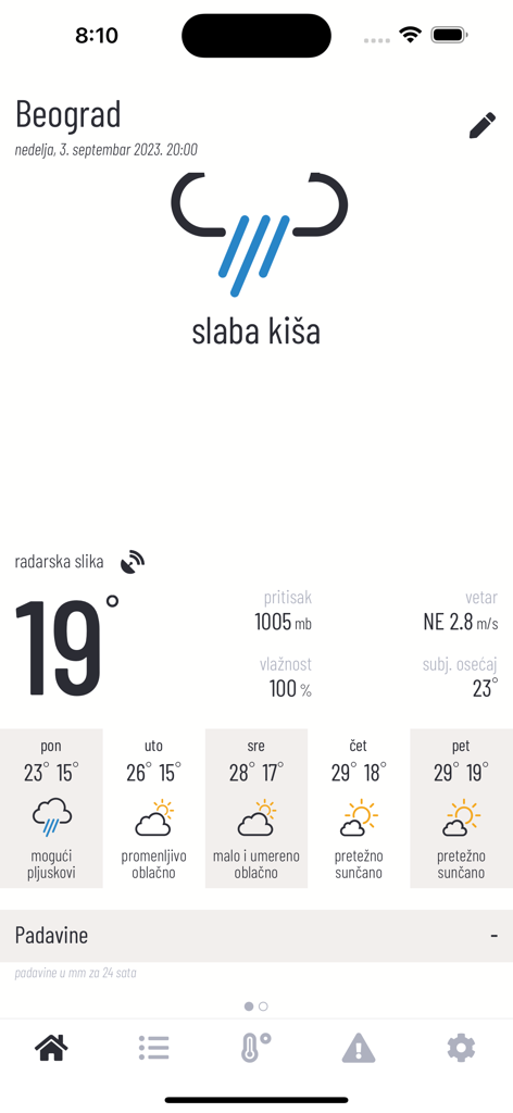 Vreme u Srbiji - Prévisions météorologiques pour Belgrade dans l'application Vreme u Srbiji montrant 19 degrés et une pluie légère