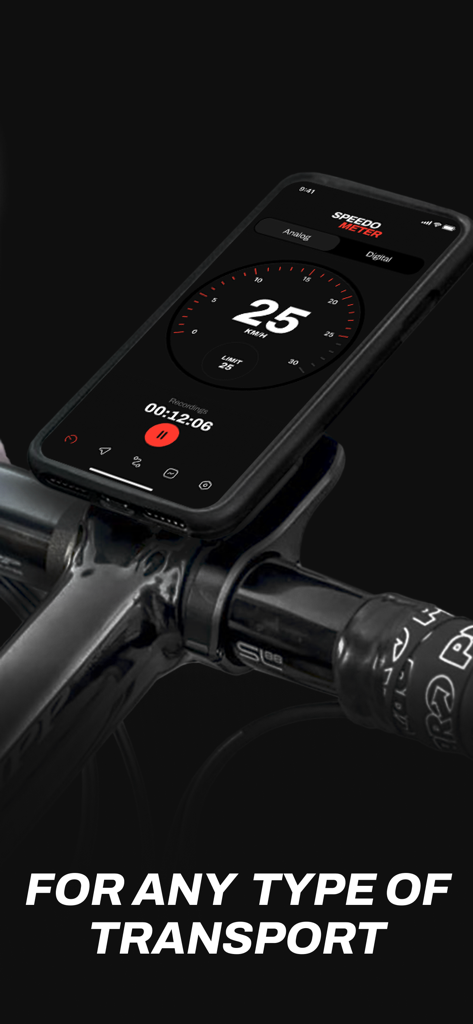 iPhone exibindo o aplicativo Speedometer plus montado no guidão de uma bicicleta