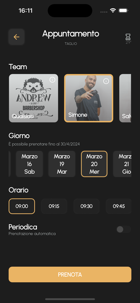 Buchungsoberfläche der Andrew Barbershop App, die Barber-Auswahl, Datum und Zeitfenster für einen Haarschnitttermin anzeigt.