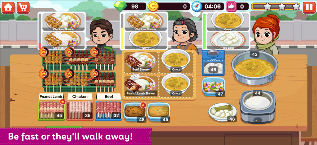 Street Grill Tycoon - Gameplay screen of Street Grill Tycoon with customers ordering skewers and curry at a food stand