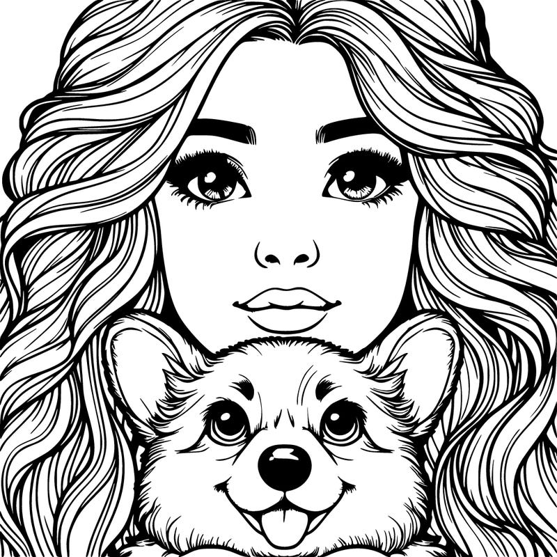 realistic girl face with a nose and wavy hair and a corgi dog in her arms