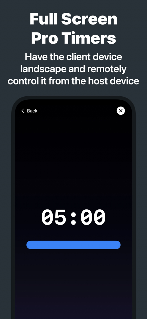 Stage Timer - Stage Timer App zeigt einen Fünf-Minuten-Countdown im Vollbildmodus mit einer blauen Fortschrittsleiste für professionelle Präsentationen.