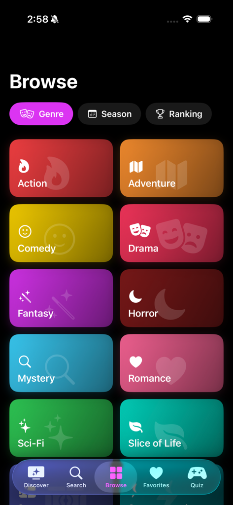 AniPocket - Discover Anime - AniPocket app interface showing a grid of anime genres like Action, Comedy, and Fantasy in a sleek dark mode design.