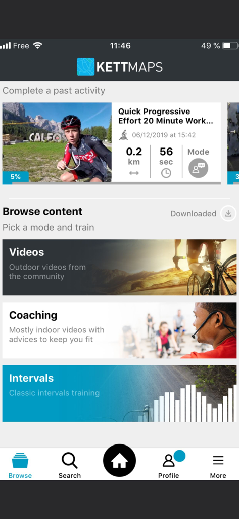 KETTMaps - KETTMaps mobile app interface showing workout categories for videos coaching and intervals